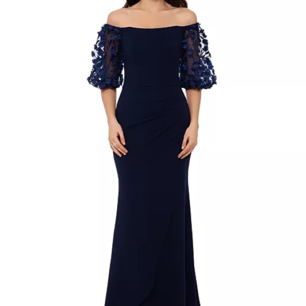 XSCAPE Off-The-Shoulder Floral-Sleeve Gown